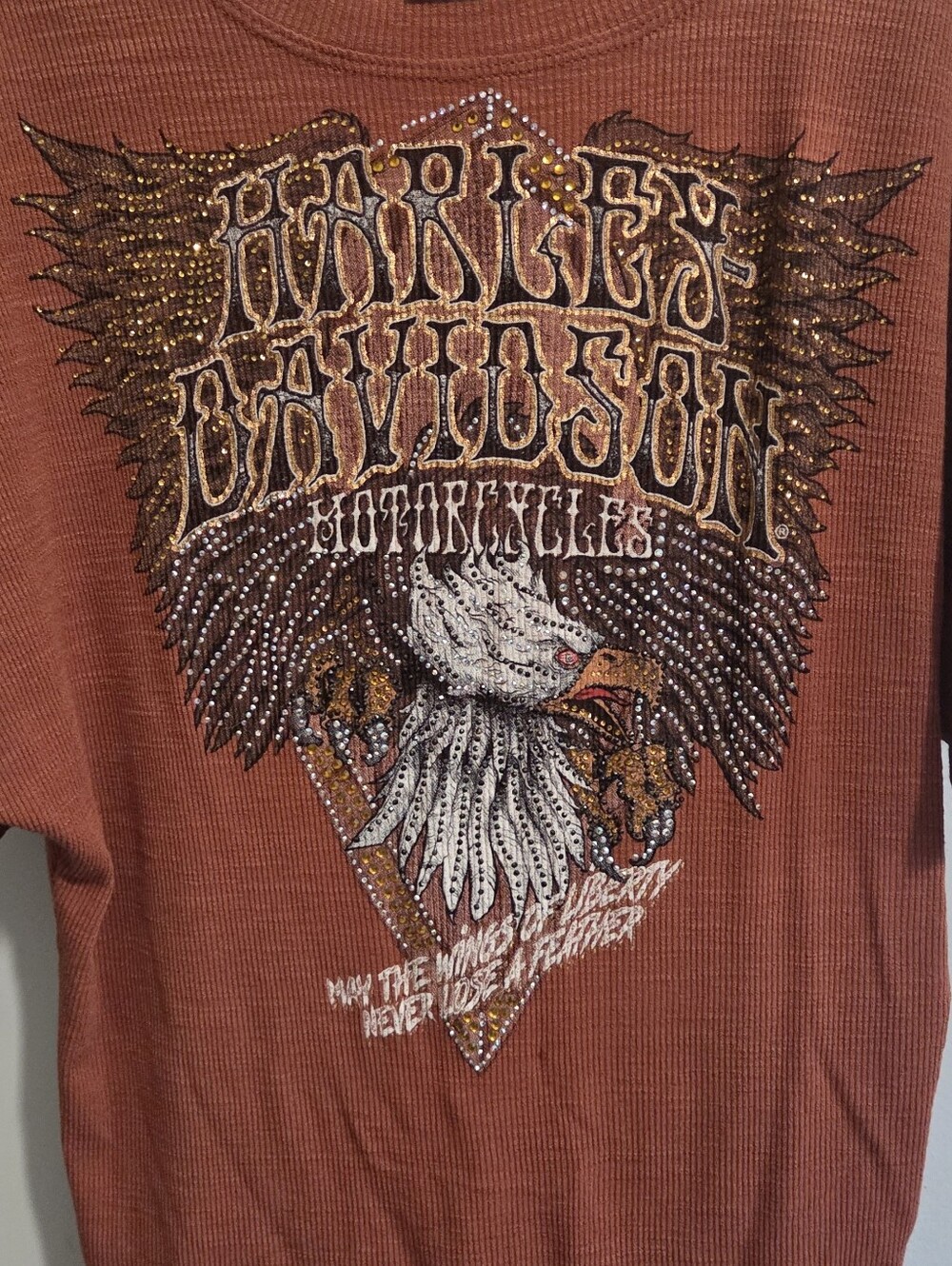 NWOT Vintage Harley-Davidson Flowy Sleeve Rust Bling Graphic Eagle Tee - Picture 2 of 7